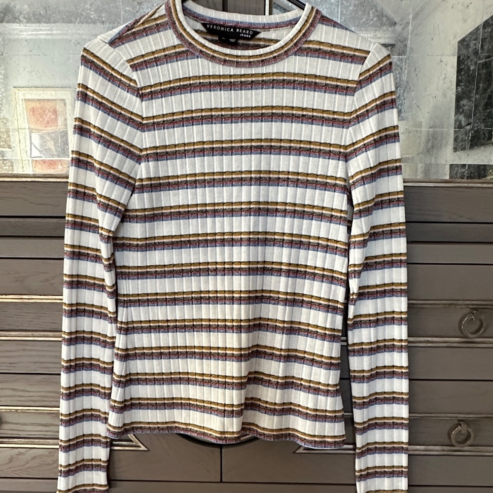 Veronica Beard Striped Long Sleeve Top - Cream and Brown